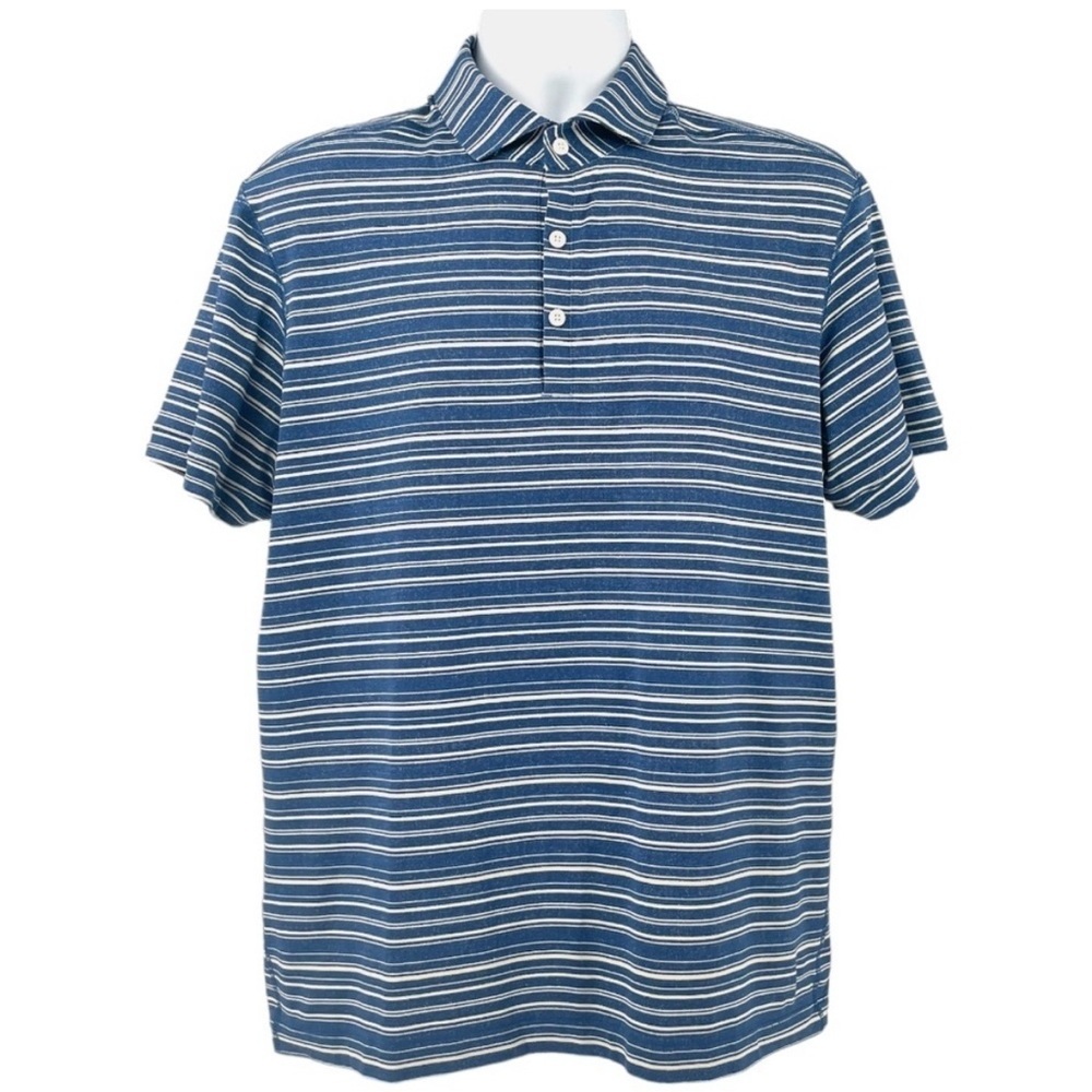 Lululemon Mens Size XL Short Sleeve Blue White Striped Polo Shirt Stretchy‎